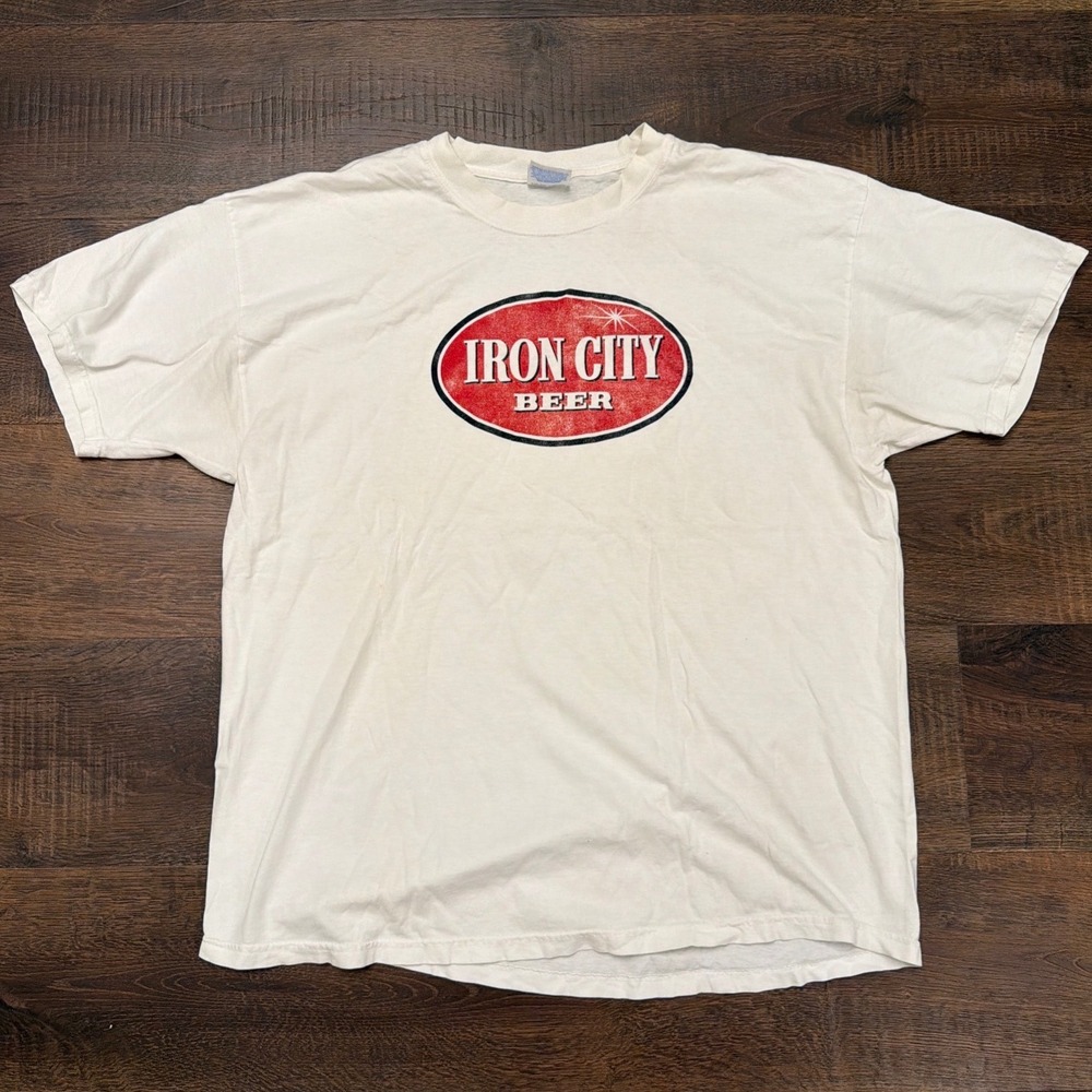 Vintage Iron City Beer Graphic T-Shirt Mens XL White Short Sleeve Cotton Tee
